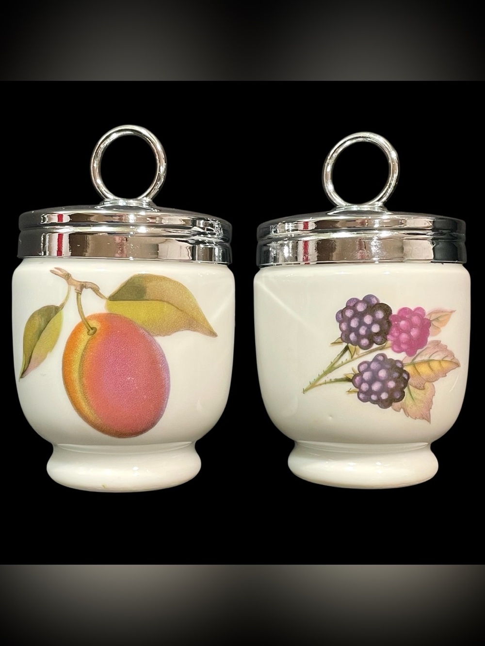 Vintage 1970s Royal Worcester Porcelain Egg Coddlers (2) Evesham Pattern